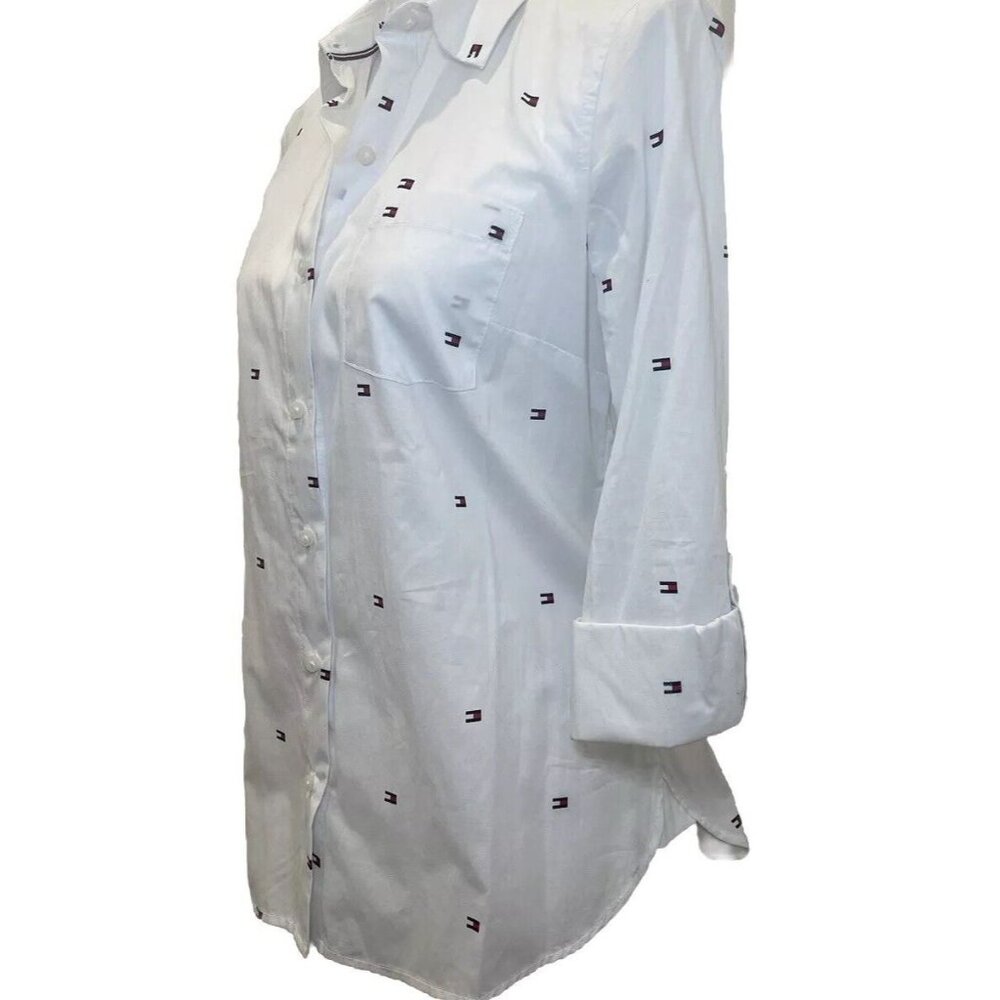 TOMMY HILFIGER Logo Women's White Collared Roll-Tab Button-Up Shirt Top Size S - Picture 2 of 7
